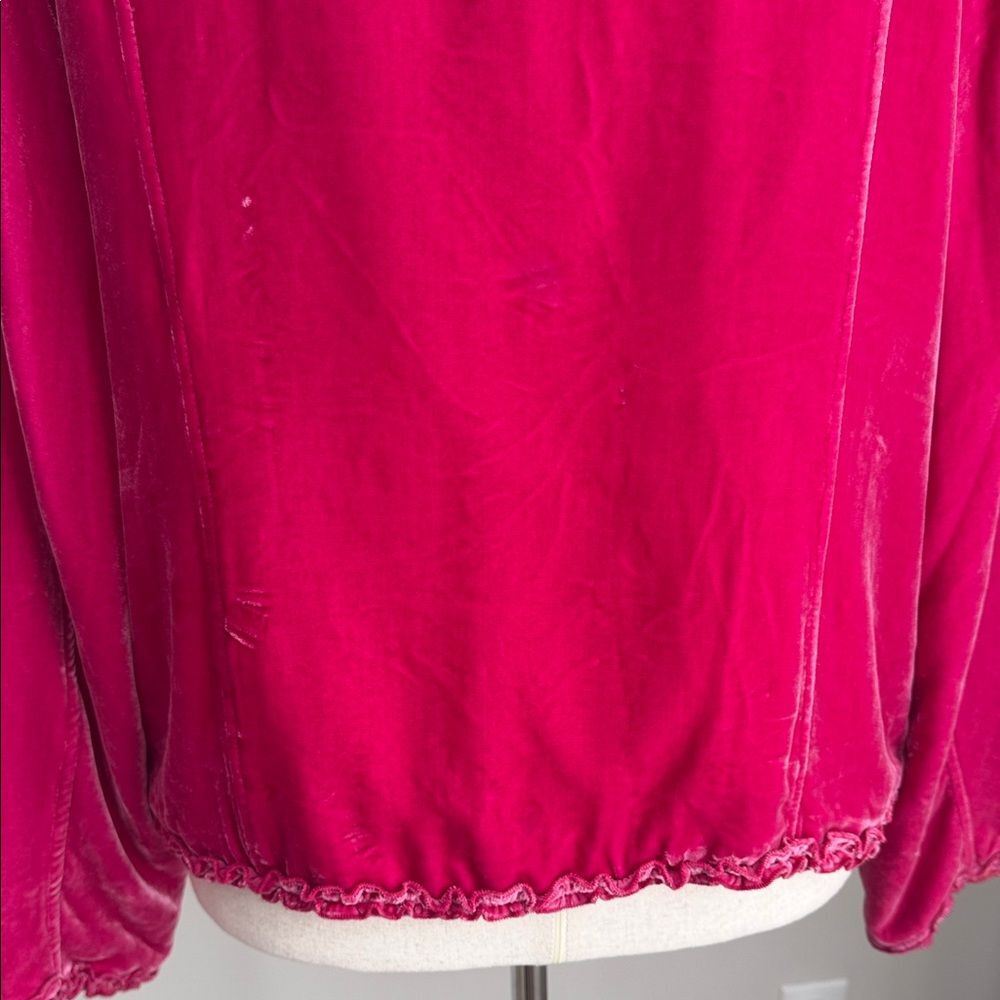 Chico’s Velvet Jacket Magenta Pink Ruffle Trim Rayon Silk Blend Boho Romantic XL - Picture 7 of 12